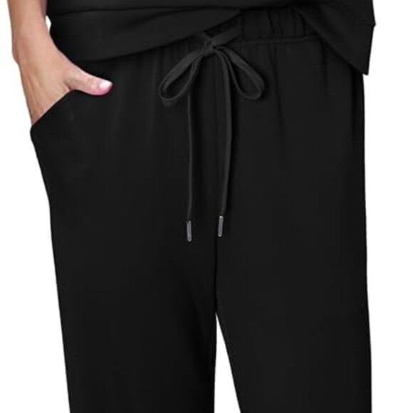 Women's Black Two Piece Summer Set with Wide Leg Crop Pants & Mock Neck Top - Picture 2 of 4